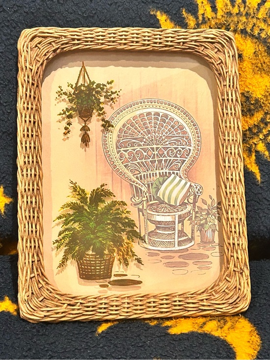 Other - Vintage MCM 3D Peacock Chair Fern Print Rattan Frame Boho Cottagecore Wall Decor